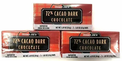 9 Bars Trader Joe's 72% Cacao Dark Chocolate Candy Bars 1.65 oz Each Bar