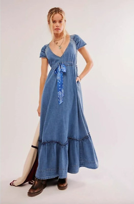 FREE PEOPLE Roucha Maxi Dress Denim Blue Shadow Size XS/S Cottagecore NWT $168