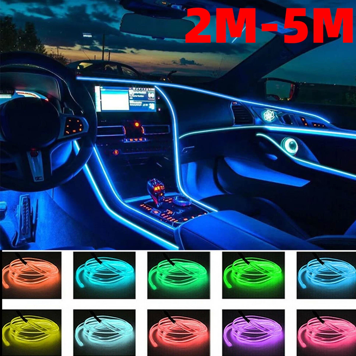 2M Car Interior Atmosphere Wire Auto Strip Light LED Decor Lamp Accessories