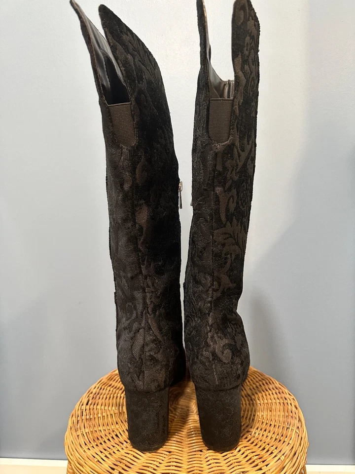 Midnight Velvet 黑色天鹅绒及膝高筒靴粗跟女式 9.5 码 — 第 3/4 张图片