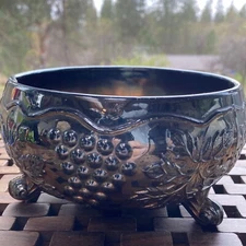 Vintage Carnival Glass Grapes and Cable 3 Footed Multi Colored Bowl