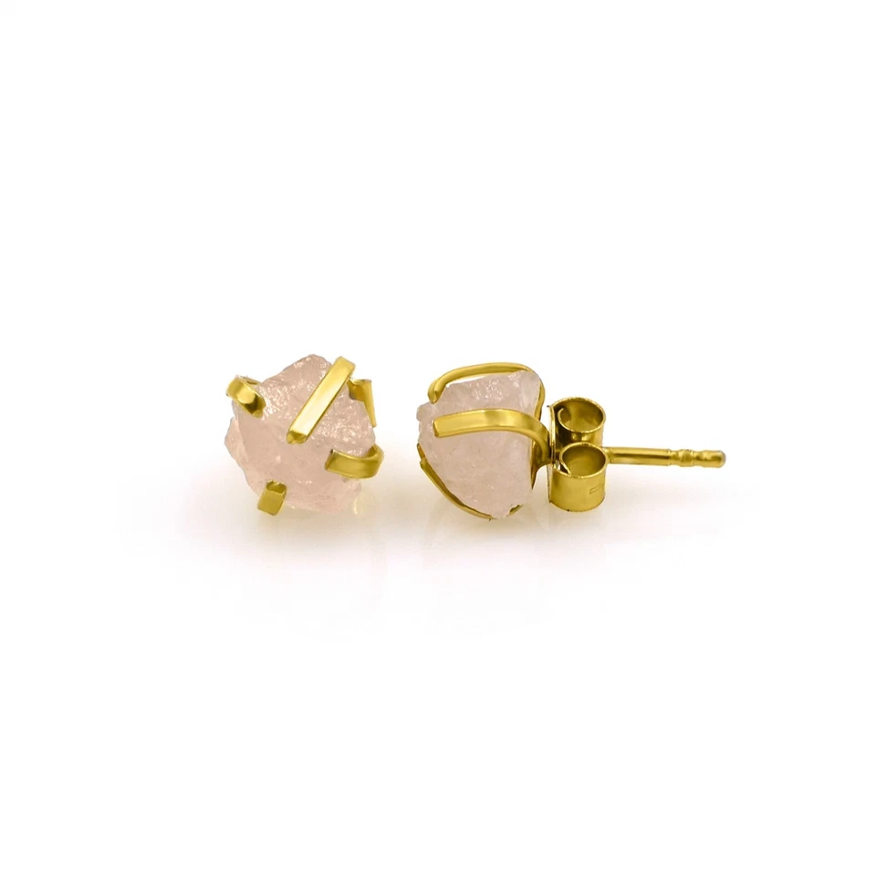 Natural Raw Rose Quartz Gemstone Studs Handmade 18K Gold Plated Brass Earrings - Image 3 of 4