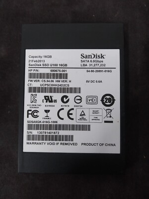 SanDisk U100 16GB Solid State Drive SATA 2.5'' HP P/N 680675-001/688328-001