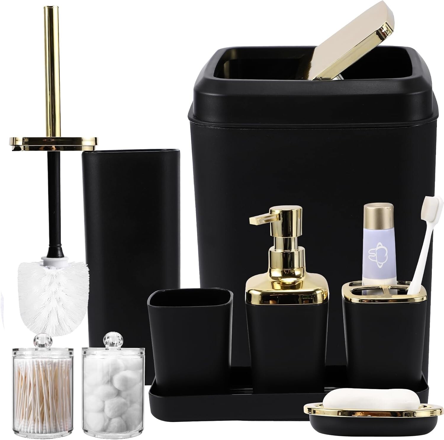 Black Bathroom Accessories Set, Black and Gold Bathroom Accessories with Trash C