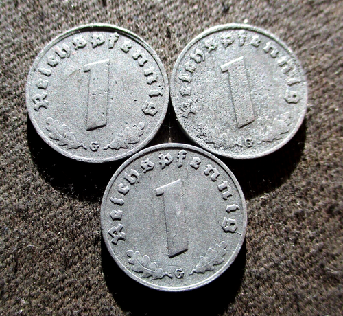 RARE OLD 1 REICHSPFENNIG COINS OF THIRD REICH GERMANY WORLD WAR II ~ MINTMARK G