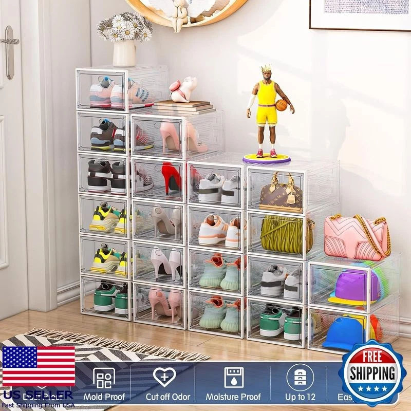 Упаковка из 8 штабелируемых прозрачных коробок для хранения обуви с магнитной дверцей, органайзером, белые - Изображение 3 из 4