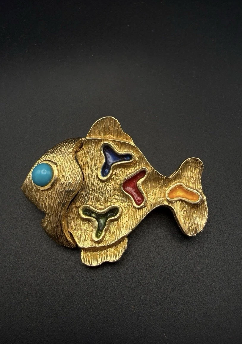 Vintage Modernist Fish Brooch • Gold Tone Textured Enamel Pin
