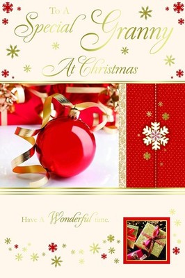 Besondere Oma Weihnachtskarte Kugel Geschenk & Schneeflocke Design schöner Vers