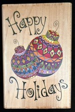 Inkadinkado Rubber Stamp Happy Holidays Saying Two Decorated Christmas Ornaments