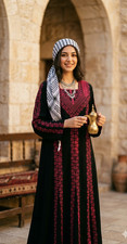 Handmade Embroidered Traditional Dress Red Black Polyester Abaya Size 4 Thobe