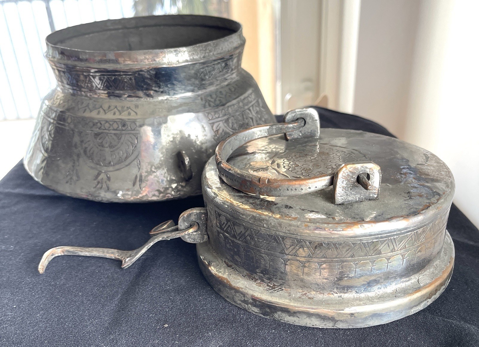 Antique Tinned Copper Armenian Turkish  2 PC Honey Pot Signed 18th Century