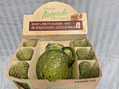 Anchor Hocking Avocado Lido Milano Design Glass Pitcher & Glasses Full Set W Box