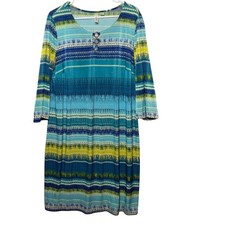 Tacera Womens Blue Green Tribal Geometric Striped 3/4 Sleeve Shift Dress Size 2X