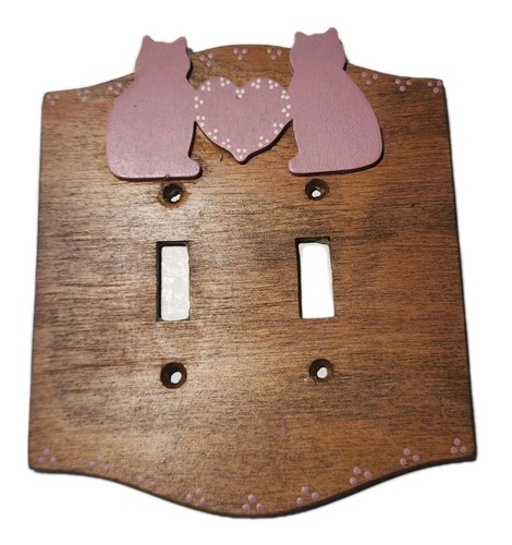 Vtg Country Wood Double Light Lite Wall Switch Cover Kitty Cat Cats Rose Pink - Picture 2 of 6