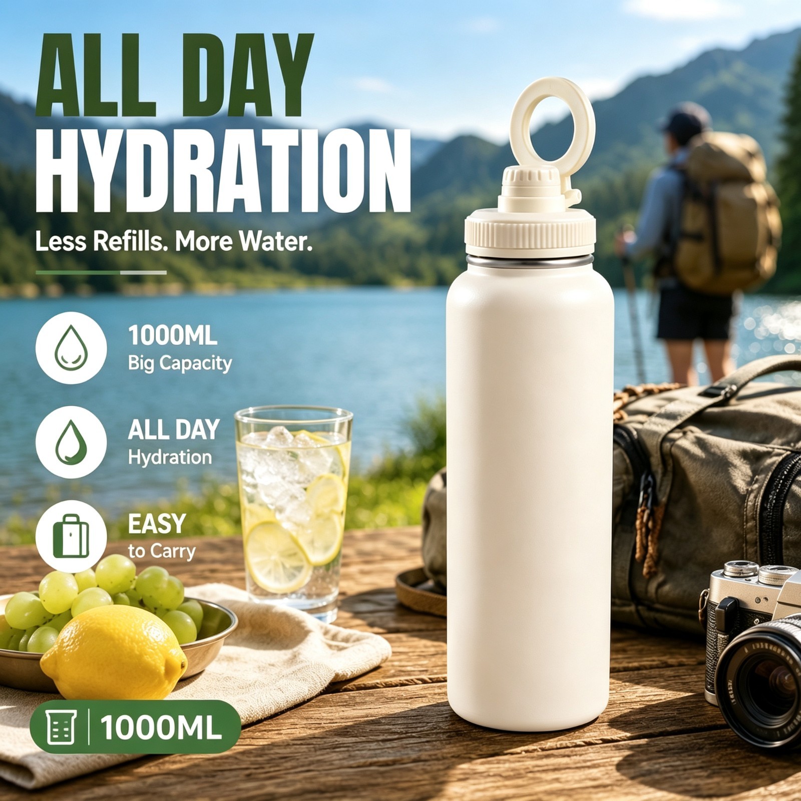 1000ML Stainless Steel Water Bottle Insulated Leakproof Smart Travel Tumbler Mug