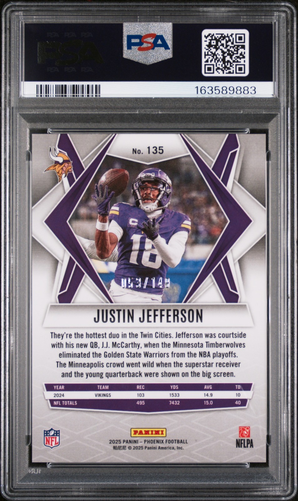 2025 PANINI PHOENIX PINK LAZER #135 JUSTIN JEFFERSON 53/149 PSA 8 view 2