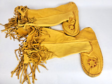 Vtg Handmade Deerskin Moccasin Boots Knee High Yellow Leather Fringe Sz 11w/9m