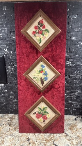 Vintage Crewel Embroidery Framed Art Hummingbird Flowers Strawberry Wall Decor