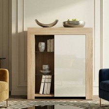 75cm Oak Matt & White Gloss Sideboard Cabinet Modern Storage Furniture UK