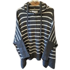 Ann Taylor Loft Hoodie Sweater Cozy Oversize Gray White Stripe 3/4 Sleeve Sz M