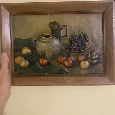 Vintage Mid Century All Metal 3D Still Life Fruit Painting Primitive