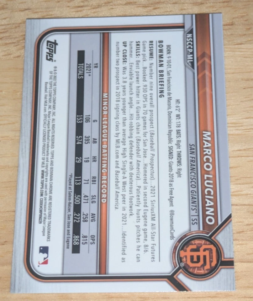 Marco Luciano 2022 Bowman Chrome National Sports Collectors Convention REFRACTOR - Image 2 of 3