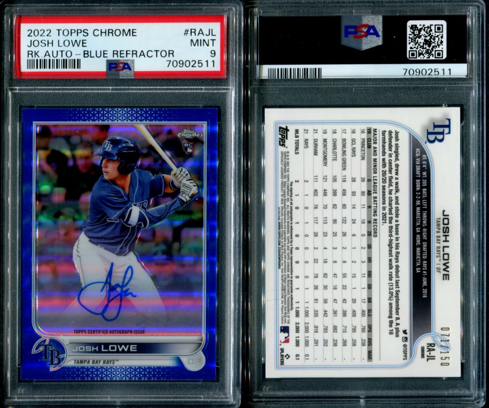 PSA 9 2022 Topps Chrome Rookie Autograph Blue Refractor Josh Lowe RC /150 POP14