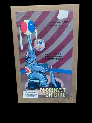 Vintage Schylling Collector Series Elephant on Bike Mechanical Tin Toy w/box