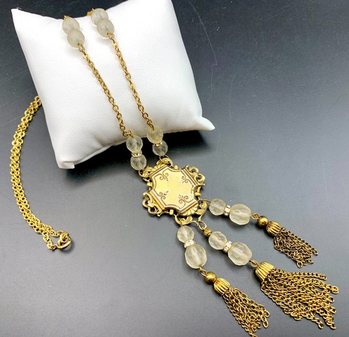 Vintage Victorian Style Tassel Pendant Necklace Gold Tone Frosted Beads 20"
