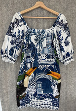 Farm Rio Ancient Garden Toucan Bird White Linen Mini Dress Puff Sleeve Small