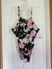 Floral High-Neck One-Piece Swimsuit - Black with Pink  Yellow Blooms