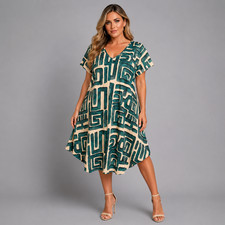 WOMENS LADIES PLUS SIZE ABSTRACT PRINT LOOSE FIT V NECK DRESS WITH FLUTED SLEEVE