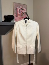 White/Ivory Textured Blazer Hook  Eye Jacket Belted Size 10