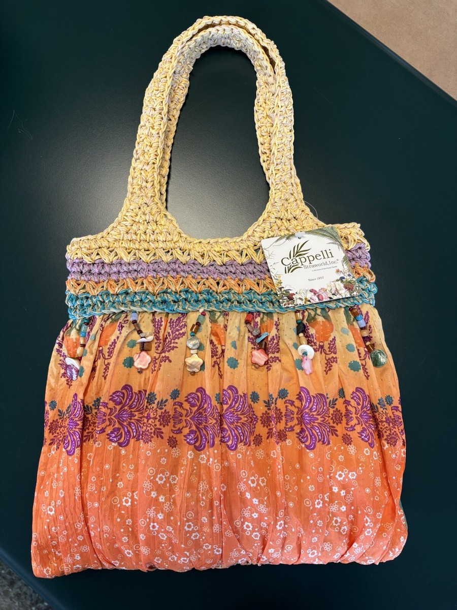 Cappelli Straworld Woven And Fabric Boho Bag Tote Purse Bead Accents New  w/Tags