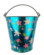 Vintage 1960s Ohio Art Colorful Tin Litho Toy Bucket Blue Pink Yellow Flowers 6"