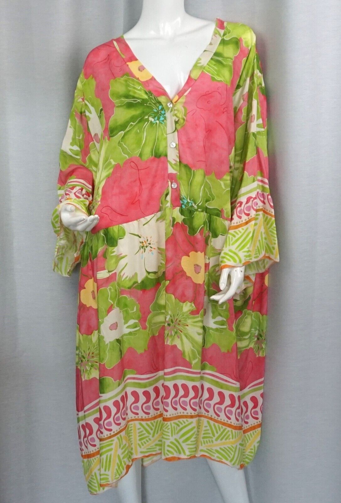 Hippie Tunika Kleid Oversize Hängerchen Blume Grün Pink Koralle 44,46,48,50 Neu