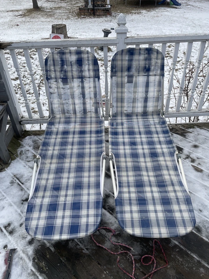 Sillas de playa vintage plegables de aluminio chaise lounge césped azul blanco a cuadros (2) Foto 4 de 4