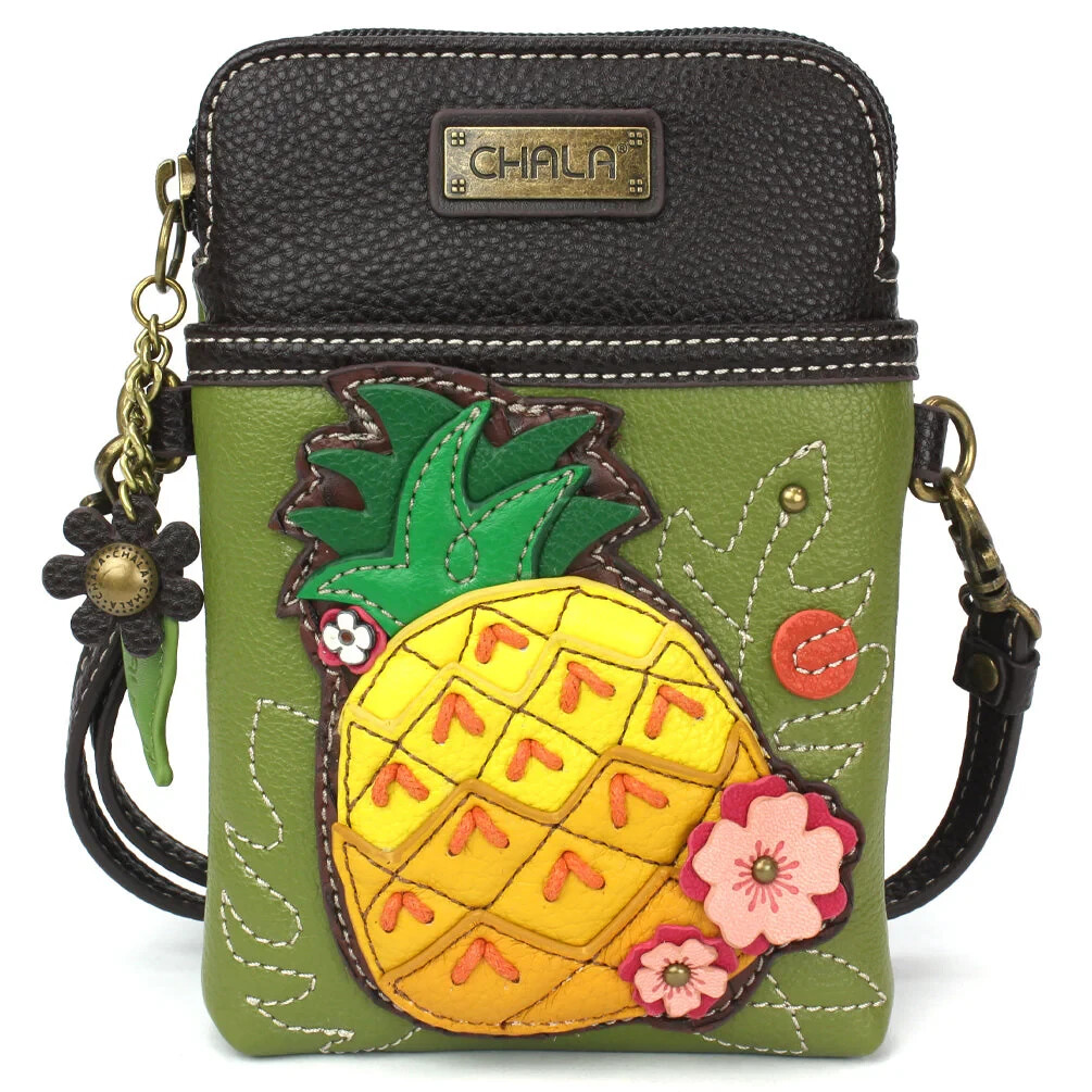 New Chala Green Yellow Pineapple Flower Cell Phone Crossbody Purse Adj Strap