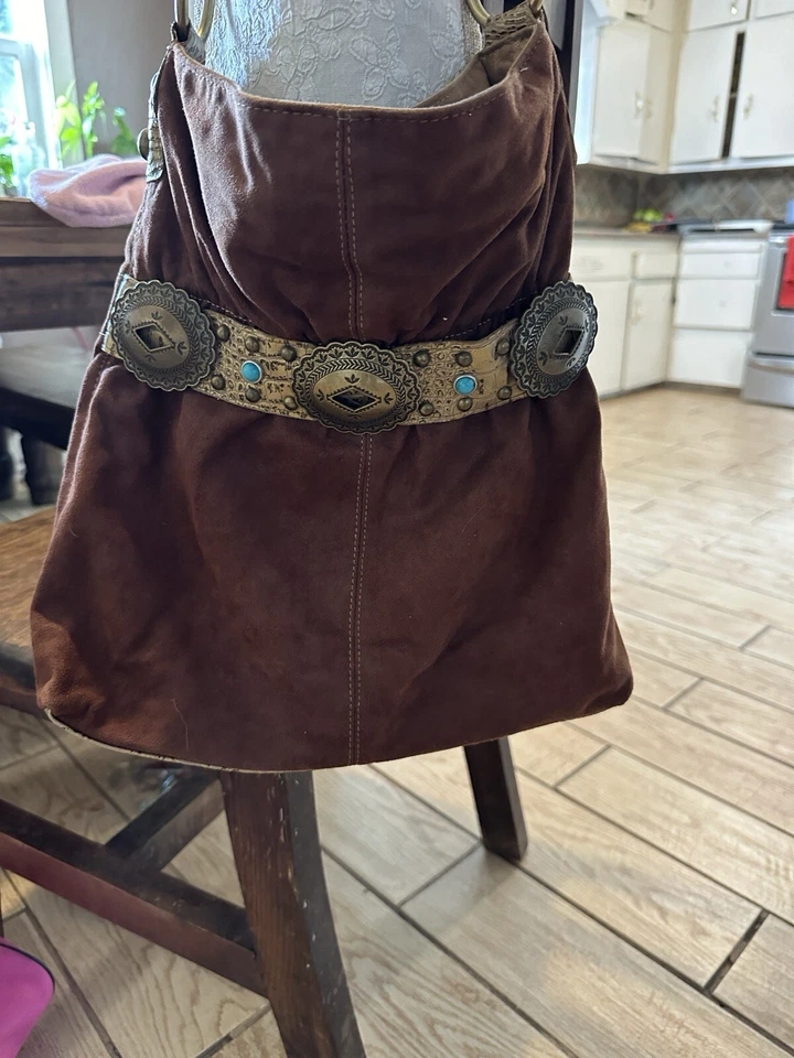 KATHY VAN ZEELAND Vegano Imitación Gamuza y Cuero Marrón y Dorado Concha Turquesa Borde Foto 4 de 4