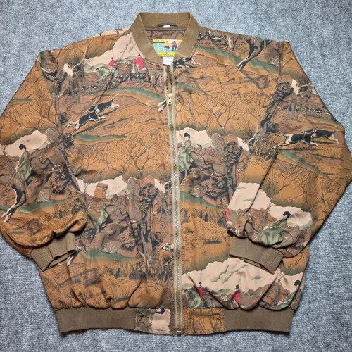 Vintage Atlantic Beach 100% Silk Fox Hunt Equestrian Bomber Jacket Mens L - product listing photo
