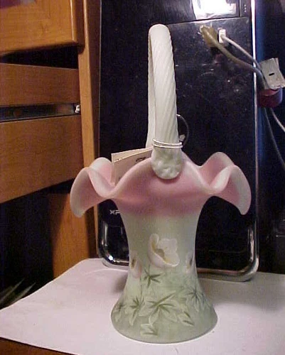 2000 Vintage 9 1/2" Fenton Lotus Mist Glass Messenger HP Flowers Dec Basket 2506