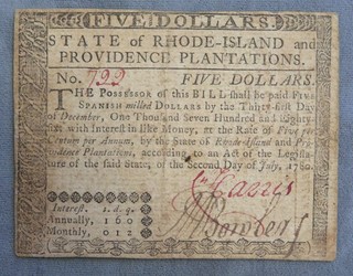 1780 State of Rhode Island & Providence Plantations $5.00 Currency Note inv# 279