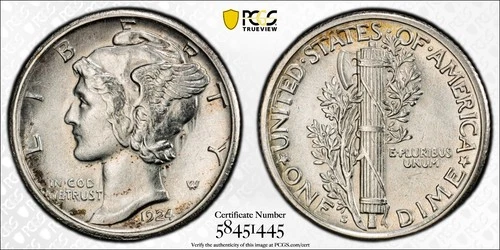 PCGS AU-58 1924-S Mercury Dime. 10 degree rotation mint error on the Reverse.
