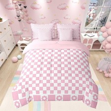 7 Pieces Pink White Grid Comforter Set Full Size, Geometric Lattice Checkerd ...