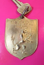 Large Vintage Hotel Metropol Mexico Room Key & Brass FOB Shield Lion