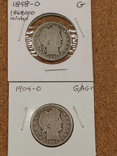 1898-O & 1904-O Better Date Silver Barber Quarters, G/AG+ Condition
