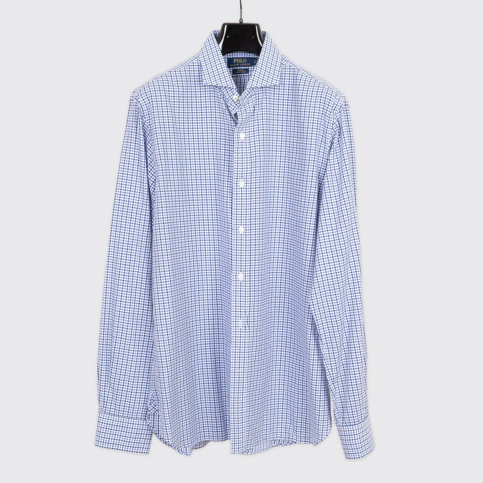 Polo Ralph Lauren Shirt Size 17 Men Blue Checked Cotton Slim Fit