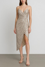 Ieena Mac Duggal Womens Midi Dress Size 4 Gold Sequin Asymmetrical 11287 NEW