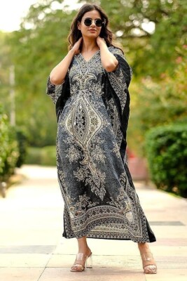 Java katoenen kaftan dames jurk zwart strand lange avond dames, Zwart, One size