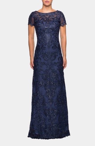 NEW LA FEMME Navy SEQUIN Embroidered LACE Column EVENING Dress GOWN 4 - Picture 8 of 13